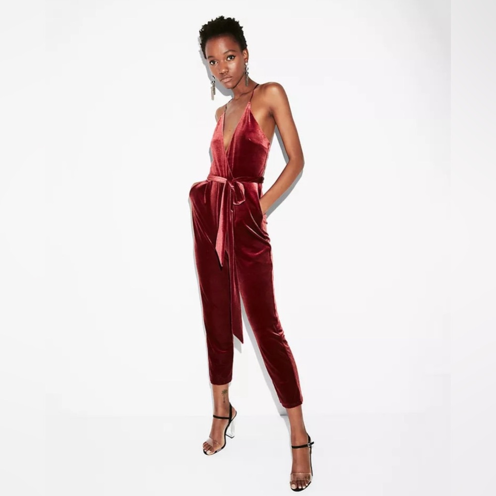 Express Burgundy Velvet Spaghetti Strap Jumpsuit